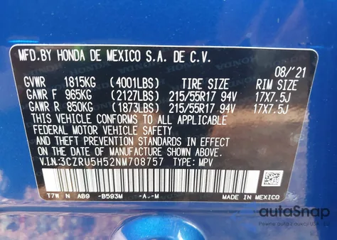 2022 Honda Hr-V 2Wd Ex из США, поврежденный, VIN 3CZRU5H52NM708757